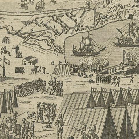 Antique Print of Gibraltar Showing the Spanish and English Fleet, 1782, close-up 2