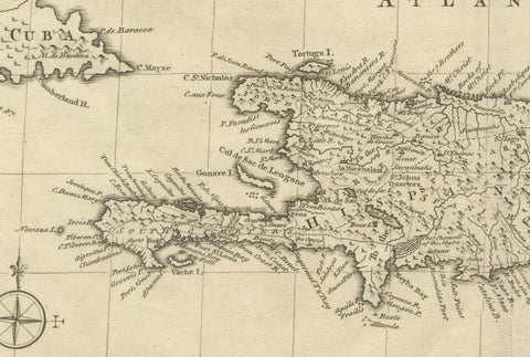Antique Map of Cuba & Hispaniola, Caribbean Sea Chart by Bowen, 1744, close-up 5
