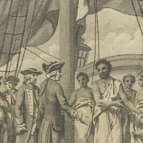 1778 Engraving: Captain Cook's Second Voyage, Meeting the Tahitians, close-up 5