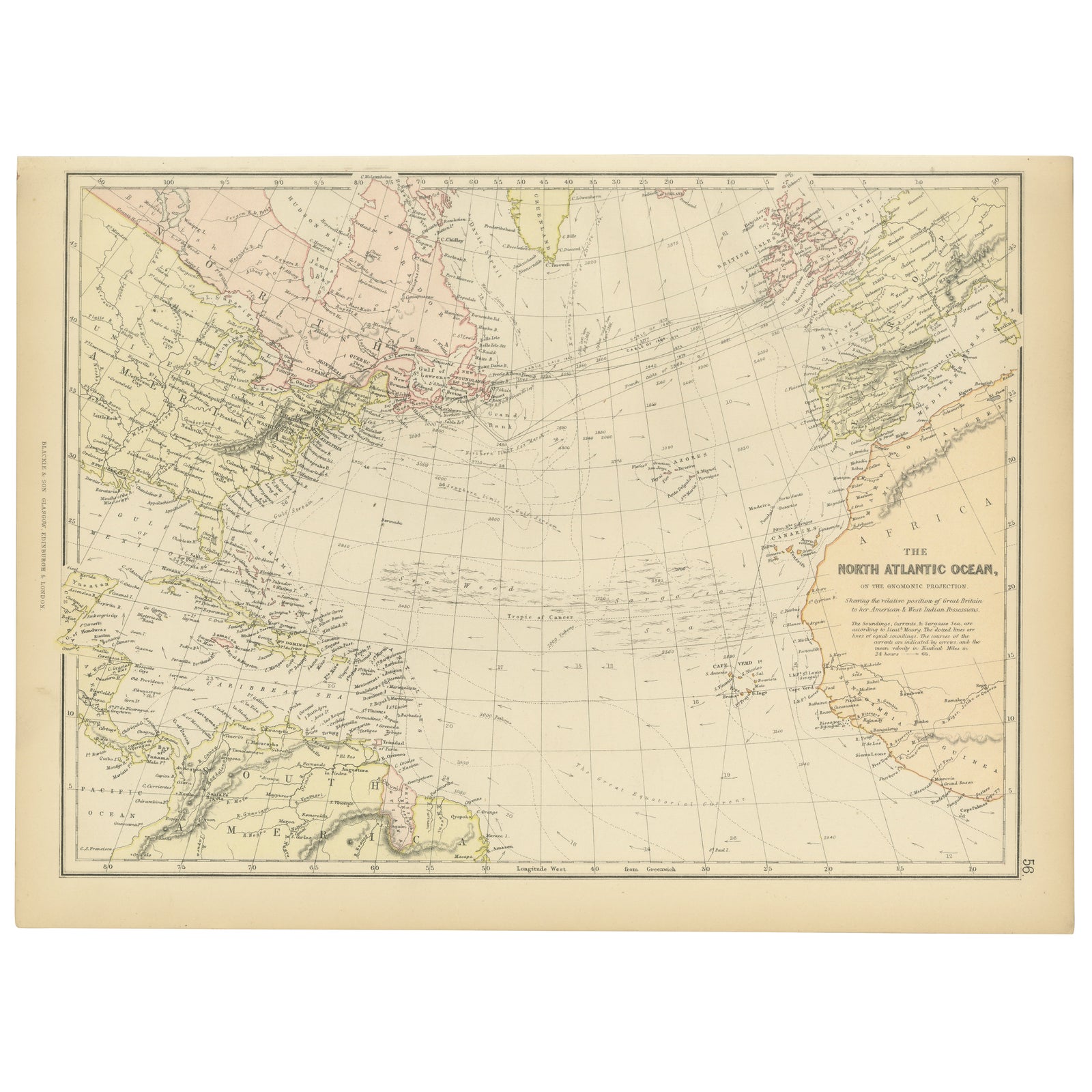 1882 Map of the North Atlantic Ocean Showing Cable Tracks and Trade Winds