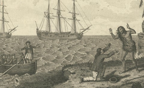 Moskito Men Reunion, Juan Fernandez Island, Dampier Voyage Engraving, ca.1789, close-up 3