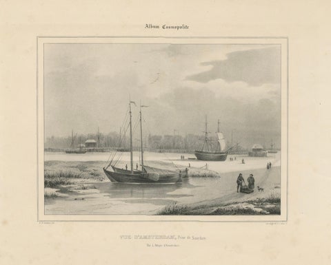 Amsterdam View with Ships and Ice Skaters, Vue d’Amsterdam, circa 1850, close-up 5