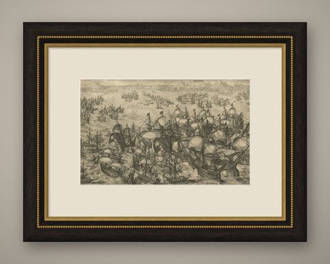 Engraving of Dutch Attacking the Portuguese Fleet off Bantam, Indonesia, 1644, shown framed