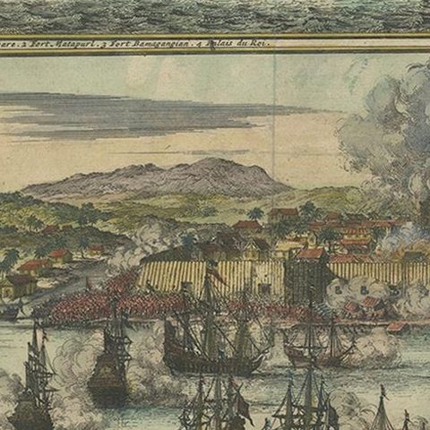 Antique Print of the Dutch VOC Bombing Palembang, Sumatra (Indonesia), ca.1700, close-up 1