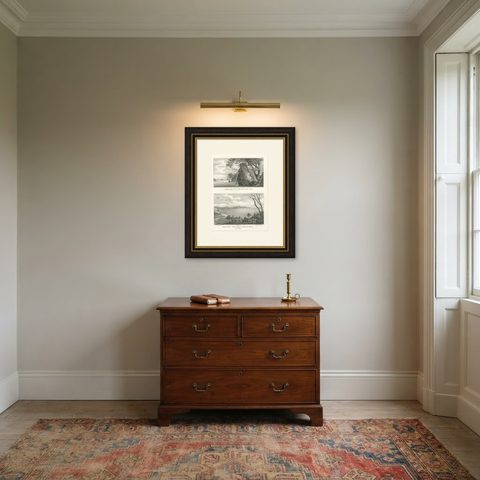 Scenic Views of Inseln Bay, New Zealand, from the Astrolabe Voyage, circa 1836, shown framed in a room
