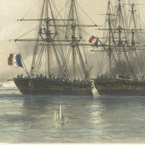 Antique Litograph of a Combat Between French and British Ships, 1844, close-up 1