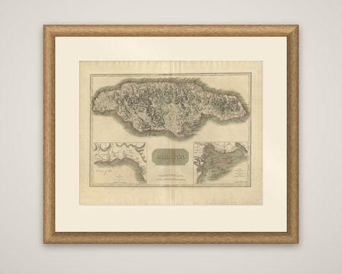 Jamaica Map by John Thomson, Kingston & Port Royal Harbors, c.1817, shown framed