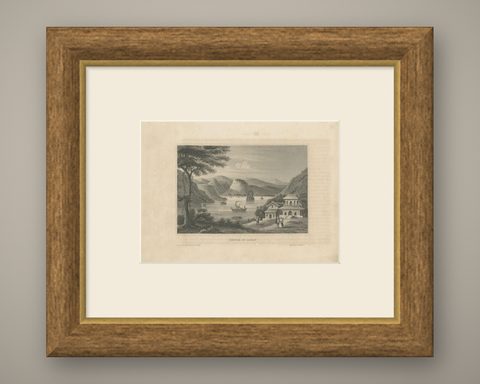 Antique Print of Shimoda a City and Harbour in Japan, circa 1840, shown framed