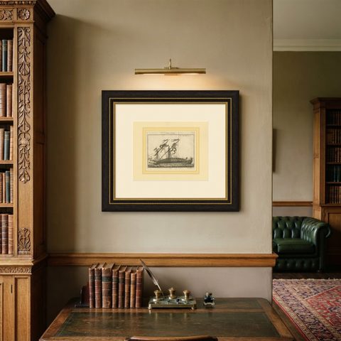 Antique Print of an Anchored Ship by Pluche '1735', shown framed on a wall