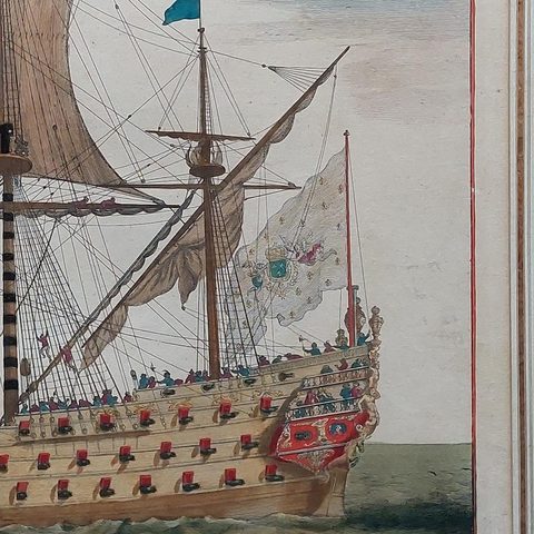Antique Print of a Naval Vessel by Mortier '1695', close-up 1