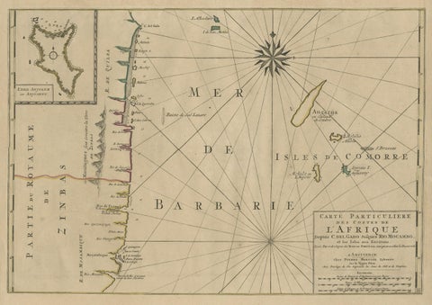Map of the Mozambique and Tanzania Coast & Inset Map of Anjouan Island, ca.1700, close-up 1