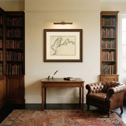 Original Chart Showing the Region between Cape Grenville and Cape Suckling, 1803, shown framed in a room