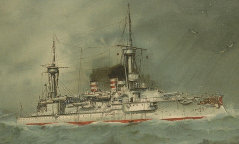 SMS Wörth: German Pre-Dreadnought Battleship in Stormy Seas, 1903 Chromolitho, close-up 2