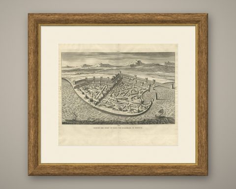 Antique Print of the City and Port of Ptolemais in Phoenicia by A. Calmet, 1725, shown framed