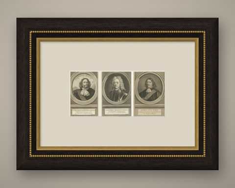 Set of Three Dutch Naval Portraits, Kortenaer, Kallenberg, and Van Nes, c.1700s, shown framed