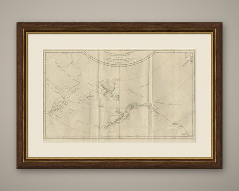 Old Map Showing the Tracks of Cook Between North America and Asia's Coast, 1803, shown framed