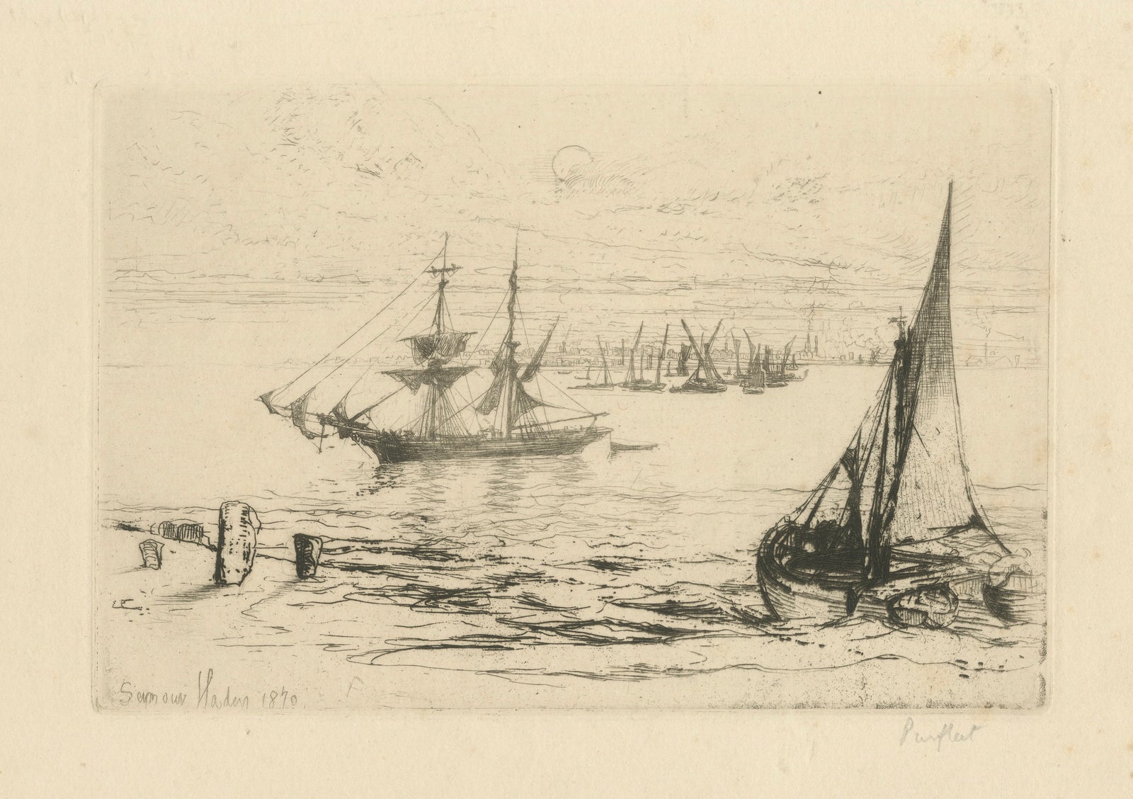 A Brig at Anchor, Thames, Haden, 1870, British Etching Revival
