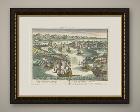Dardanelles Strait, Ottoman Turkey, Probst Optical View with Ships, c.1770, shown framed