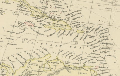 1882 Map of the North Atlantic Ocean Showing Cable Tracks and Trade Winds, close-up 2