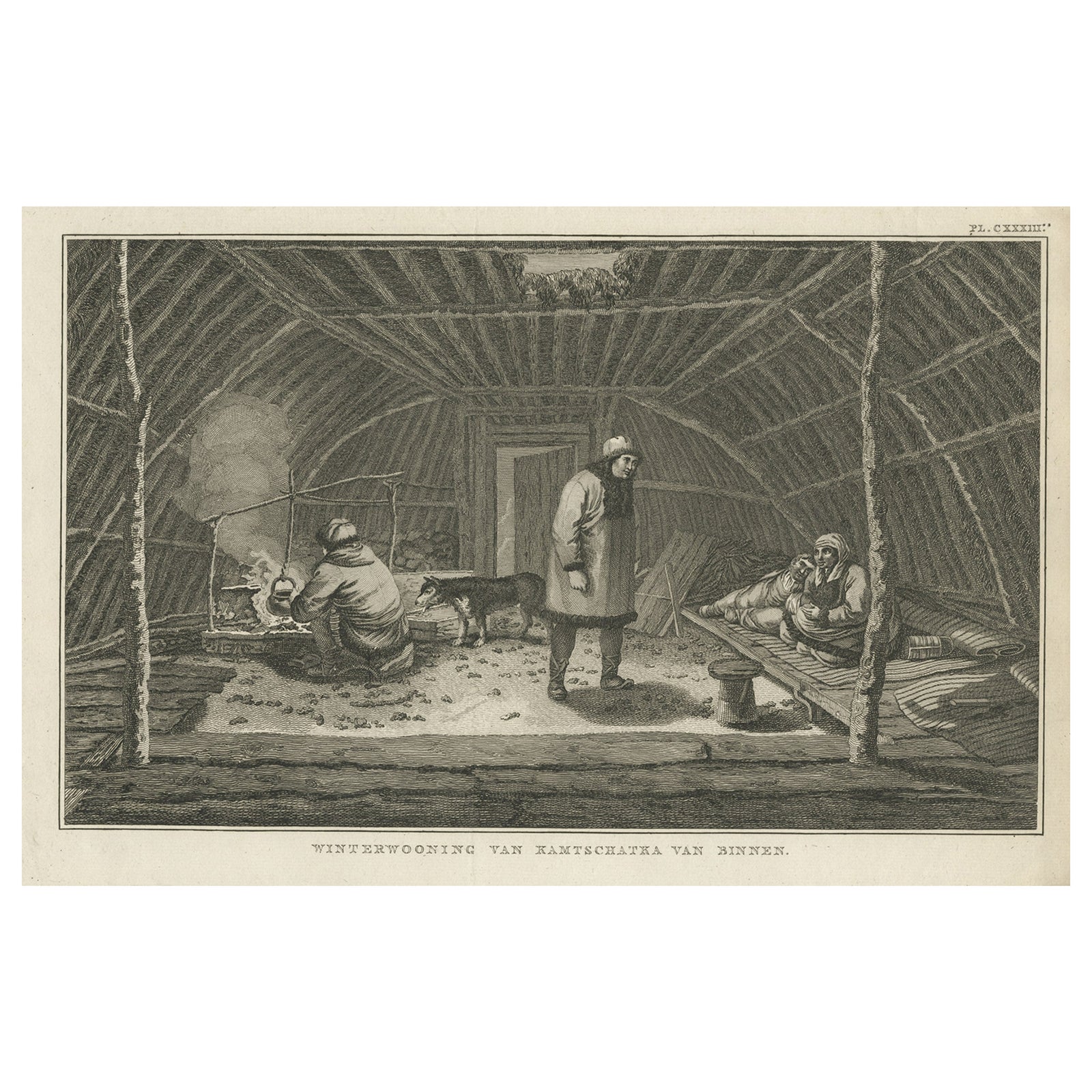 Interior of Winter House, Kamchatka, Cook Voyage Engraving c.1803