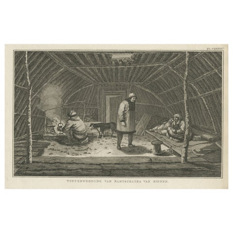 Interior of Winter House, Kamchatka, Cook Voyage Engraving c.1803