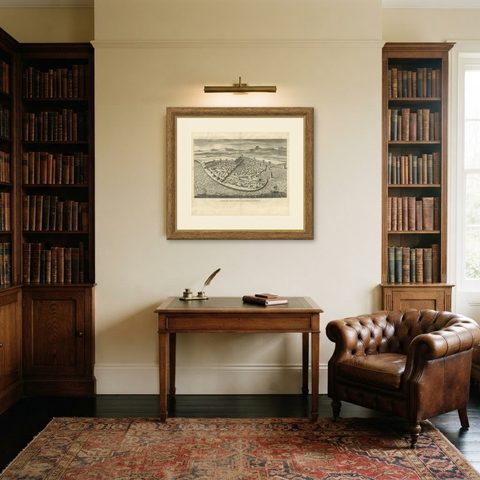 Antique Print of the City and Port of Ptolemais in Phoenicia by A. Calmet, 1725, shown framed in a room