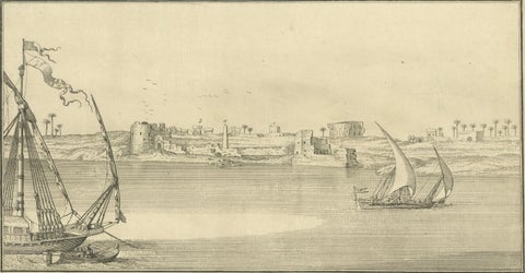 Old Alexandria Harbor, Antique Egypt Engraving by Norden & Tuscher, 1755, close-up 1