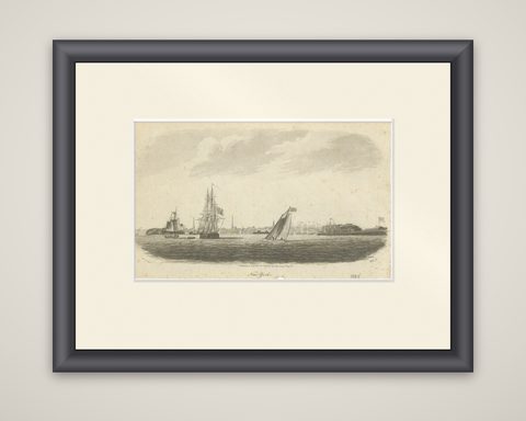 New York Harbor Panorama, sailing ships & city skyline, British engraving, 18050, shown framed