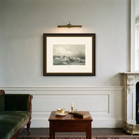 Antique Ship Print 'La Bellone' by Durand-Brager, circa 1850, shown framed on a wall