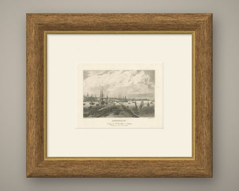 View of Amsterdam from the Water with Sailing Ships, Baedeker, circa 1850, shown framed