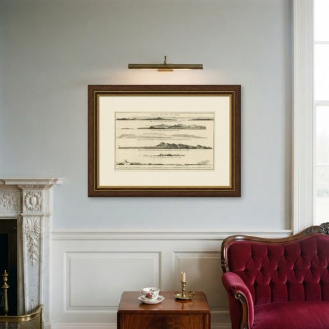 Dutch Antique Engraving with Coastal Views of Asia by Cook, 1803, shown framed on a wall
