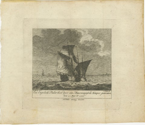 American Privateer Captures an English Packet Boat, 1777 Maritime Engraving, view 2