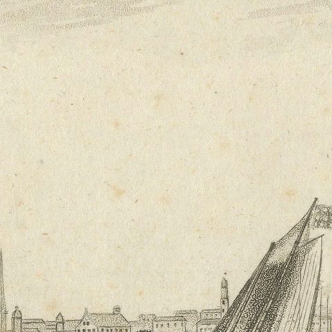 New York Harbor Panorama, sailing ships & city skyline, British engraving, 18050, close-up 5