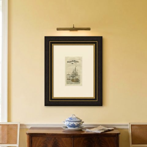 Antique Print of Cod and a Cod Fishing Ship, shown framed on a wall