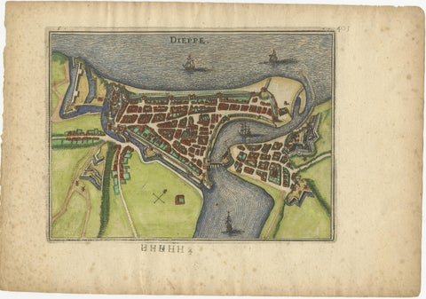 Dieppe, Antique Hand-Coloured French Coastal Town Engraving (1666), view 2