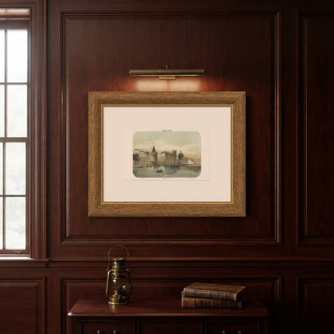 Amsterdam View from the Oosterdok, 19th Century Lithograph with Boats, 1855, shown framed on a wall
