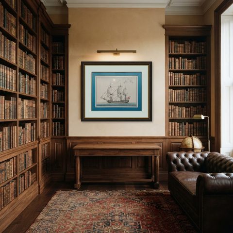 Antique Print of a Vessel 'c.1850', shown framed in a room