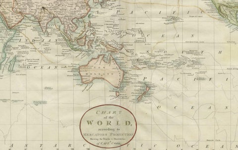 Attractive Antique Map of the World as Planisphere, Shows Cook's Voyages, 1799, close-up 2