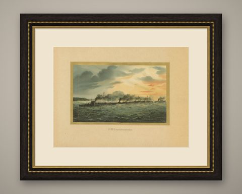 German Torpedo Boat Division at Sea, 1903 Chromolithograph by Hugo Graf, shown framed