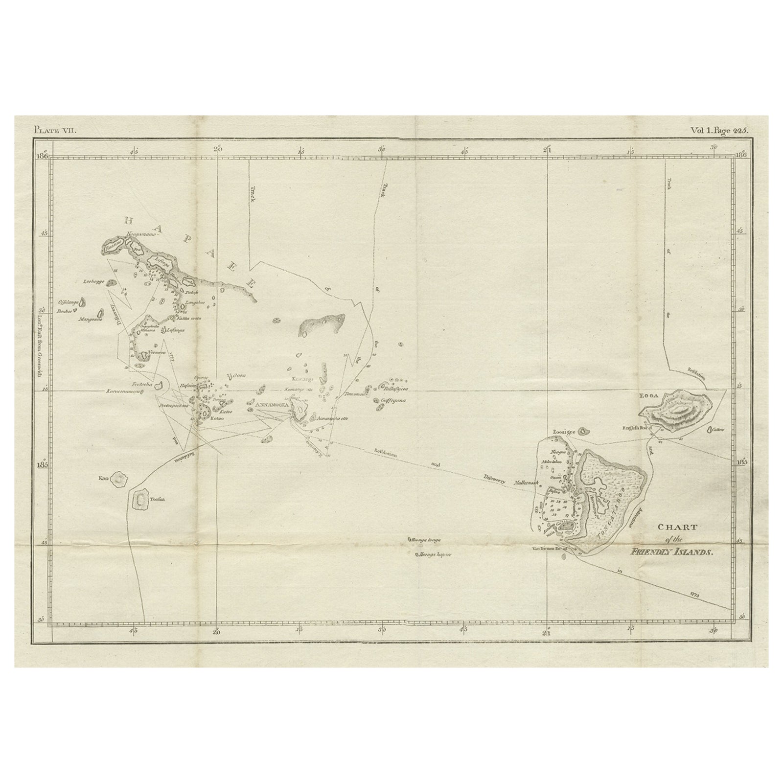 Antique Chart of the Friendly Islands or Nowadays Tonga, by Cook, 1784