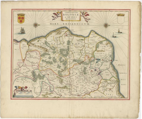 Blaeu Map of Boulogne & Calais Coast, Maritime France, Ships c.1642, view 2