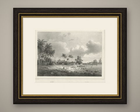 Old Print of Anjer or Anyer, Coastal Town in Banten, West Java, Indonesia, 1844, shown framed