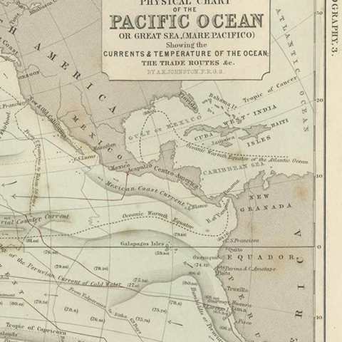 Antique Physical Chart of the Pacific Ocean by Johnston, '1850', close-up 1