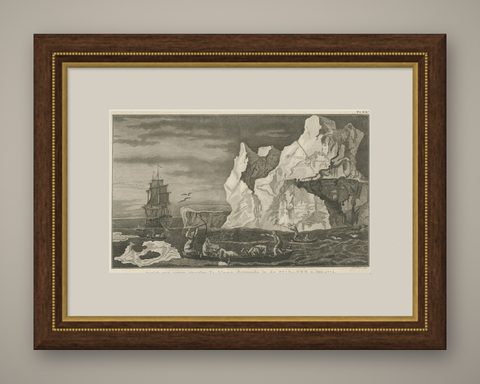 Old Print from Capt. Cooks Travels with Boats and a Ship in the South Sea, 1803, shown framed