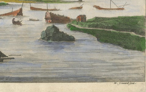 Cortés Scuttling Ships at Veracruz, Hand-Colored Engraving by Van Beecq, c.1690, close-up 5