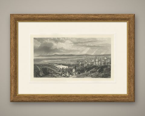 Old Decorative Maritime Print of Ships in an Harbour, Possibly England, C.1860, shown framed