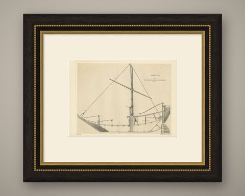 Antique Print of a Japanese Junk Longitudinal Section, 1856, shown framed