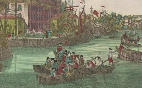 Optical View of New York City Manhattan Harbor Hand-Colored Augsburg, ca.1775, close-up 3