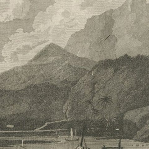 View of the Island of Tahiti, with Outrigger Canoes and Sailing Catamarans, 1803, close-up 3