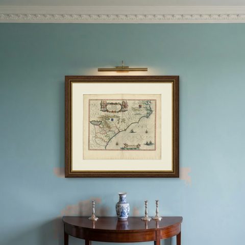 Blaeu Virginia and Florida Map, Decorative Early America Chart, 1642, shown framed on a wall
